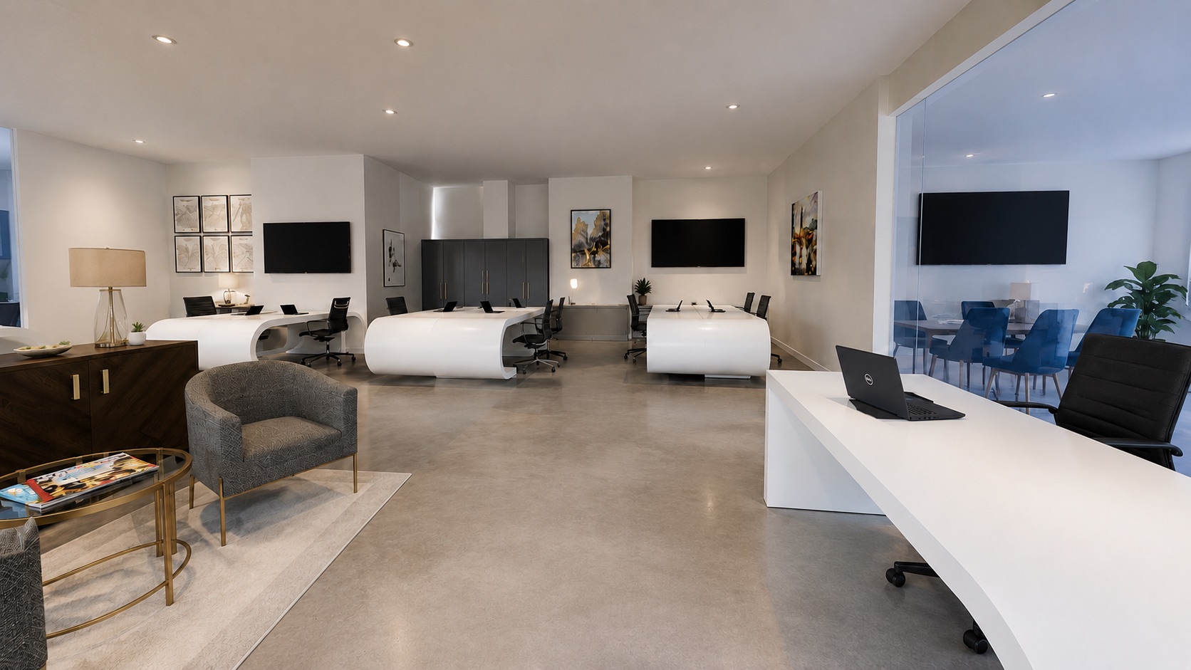 Open-plan workspace with meeting room and lounge seating